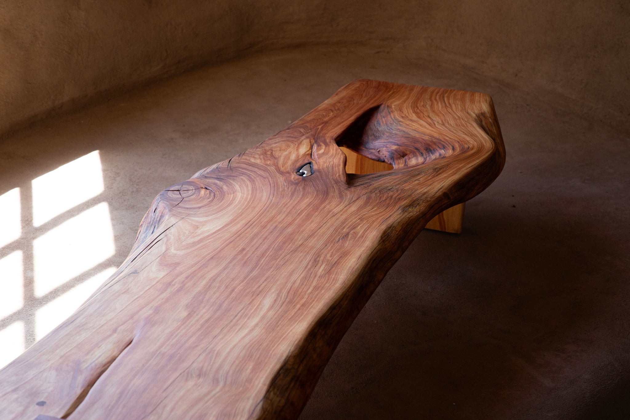 Tea Table 01 — live-edge alligator juniper tea table with sterling silver inlay, Santa Fe New Mexico