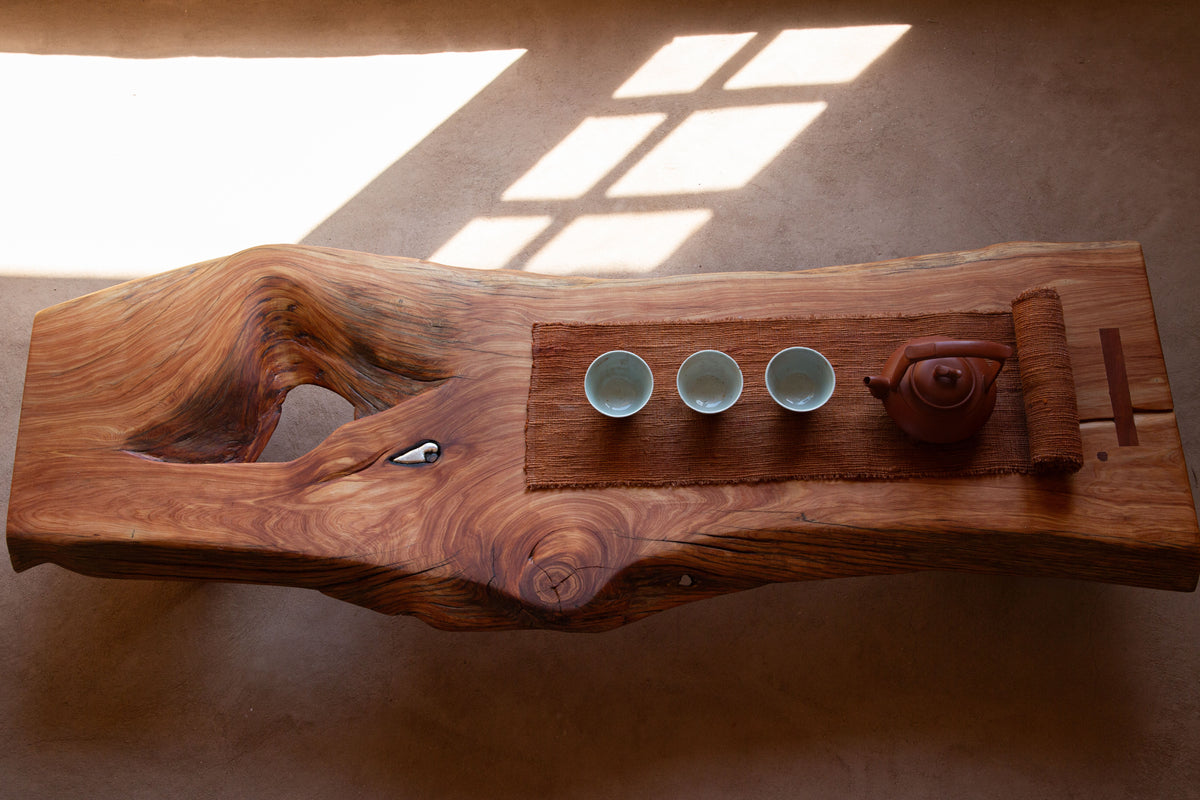 Tea Table 01 — live-edge alligator juniper tea table with sterling silver inlay, Santa Fe New Mexico