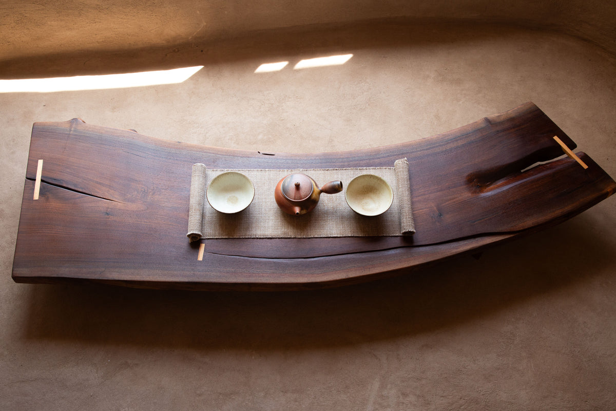 Tea Table 02 — dark walnut and oak joinery live-edge tea table, Santa Fe New Mexico