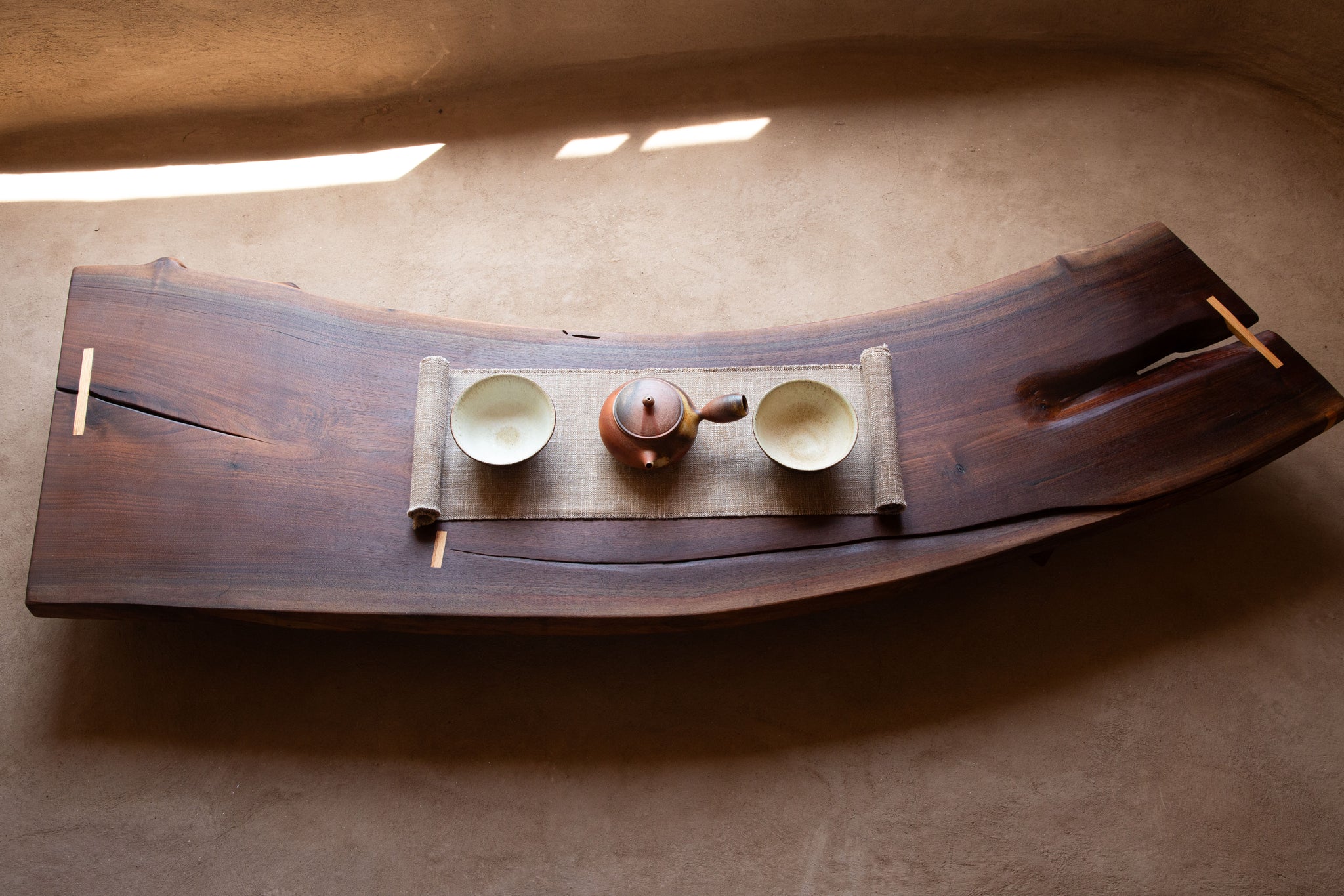 Tea Table 02 — dark walnut and oak joinery live-edge tea table, Santa Fe New Mexico