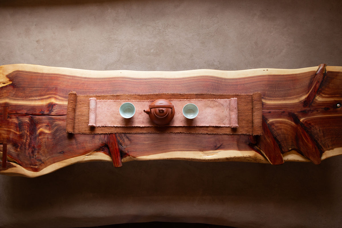Tea Table 03 — red cedar live-edge tea table with sterling silver drop, Santa Fe New Mexico