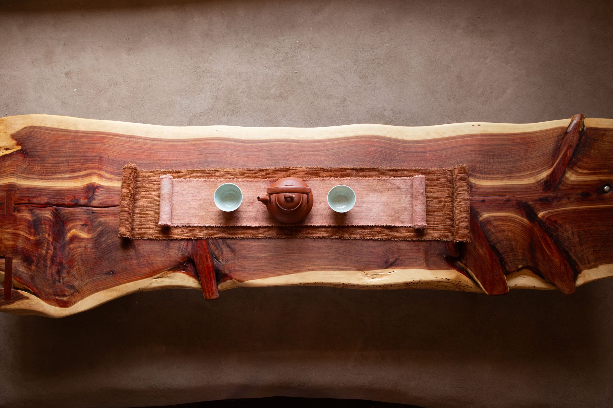 Tea Table 03 — red cedar live-edge tea table with sterling silver drop, Santa Fe New Mexico