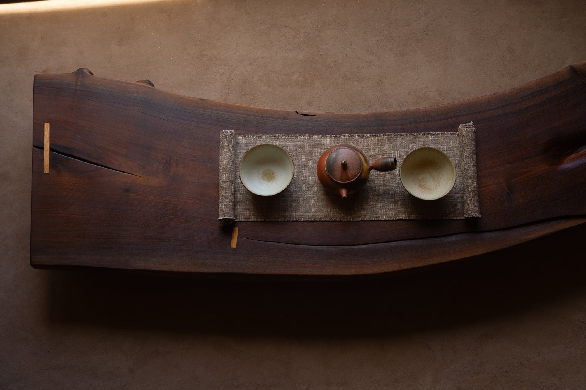 Tea Table 02 — dark walnut and oak joinery live-edge tea table, Santa Fe New Mexico