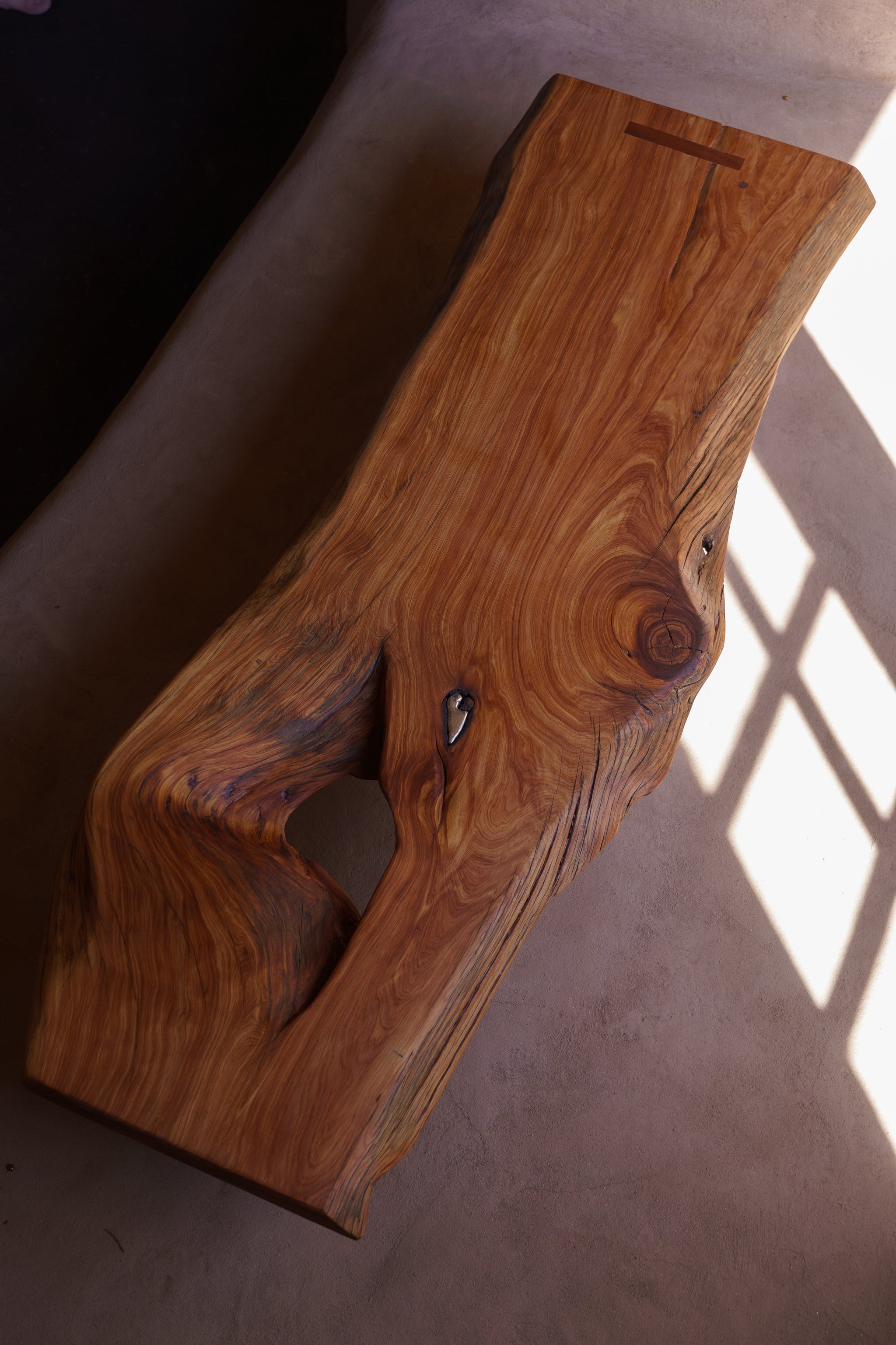 Tea Table 01 — live-edge alligator juniper tea table with sterling silver inlay, Santa Fe New Mexico